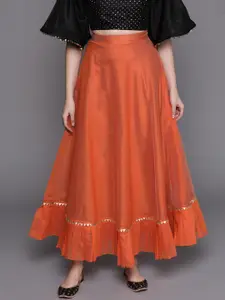 Inddus Women Rust Orange Solid Flared Maxi Skirt