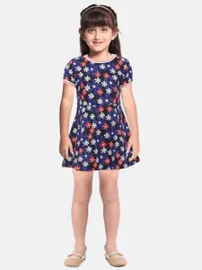 United Colors of Benetton Girls Navy Blue and Coral Pink Floral Print A-Line Dress