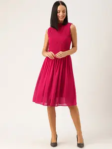 Antheaa Women Fuchsia Pink Solid Smocked Fit and Flare Dress
