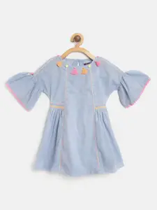 Nauti Nati Girls Blue Embroidered Cold-Shoulder A-Line Dress