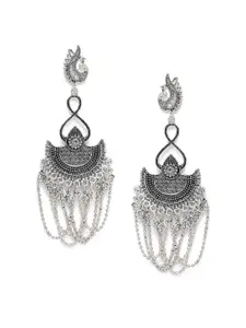 Fida Silver-Toned Peacock Shaped Oxidised Drop Earrings