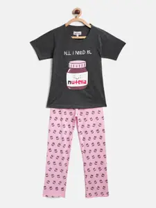 Nite Flite Girls Charcoal Grey & Pink Printed Night Suit