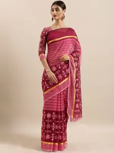 Kvsfab Pink Striped & Embroidered Cotton Blend Saree