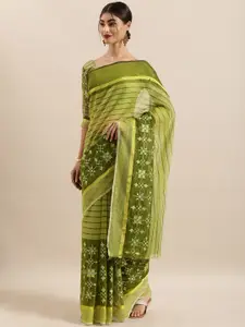 Kvsfab Olive Green Striped & Embroidered Cotton Blend Saree