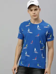 Nautica Men Blue Printed Regular Fit Round Neck Pure Cotton T-shirt