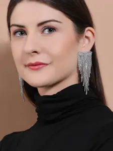 Rubans Silver Plated Crystal & AD Studded Shoulder Duster Glamorous Earrings
