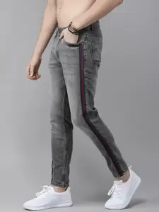 Roadster Men Grey Side Striped Tapered Fit Mid-Rise Clean Look Stretchable Jeans