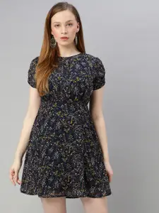 Sera Women Navy Blue & Mustard Yellow Floral Printed Fit and Flare Dress