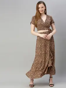 Sera Women Brown & Beige Printed Wrap Top with Skirt