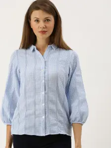 AND Women Blue & White Regular Fit Striped Seersucker Casual Shirt With Puff Sleeves