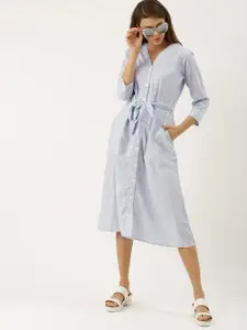 AND Women Blue & White Striped Cinched Waist Shirt Dress