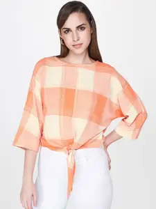 AND Women Orange & Beige Checked Pure Cotton Top with Front Knot