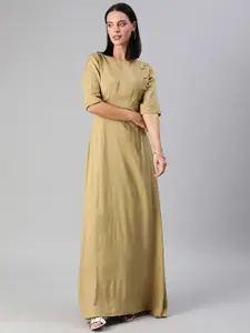 Ethnovog Women Khaki Solid Made to Measure Maxi Dress with Tie-Ups