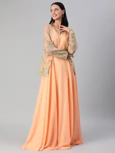 Ethnovog Women Peach-Coloured Made To Measure Maxi Dress with Embellished Jacket