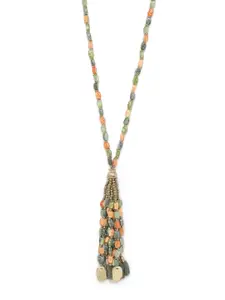 RICHEERA Olive Green & Peach-Coloured Antique Gold-Plated Beaded Tasselled Necklace