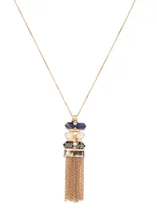 RICHEERA Blue & Grey Rose Gold-Plated Stone-Studded Tasselled Pendant with Chain