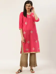 Varkha Fashion Women Pink & Golden Gotta Patti Work Straight Kurta