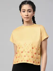 Alcis Women Beige & Orange Printed Round Neck T-shirt