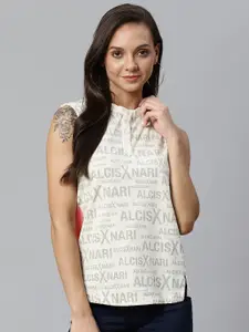 Alcis Women Off-White & Grey Printed Pure Cotton Top