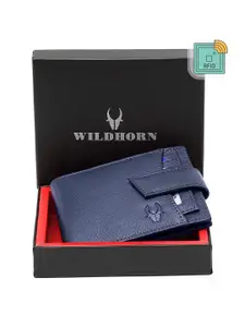 WildHorn Men Blue Solid RFID Protected Genuine Leather Two Fold Wallet