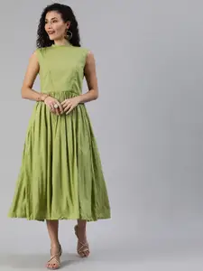 Ethnovog Women Olive Green Solid Made to Measure A-Line Dress with Gather Details