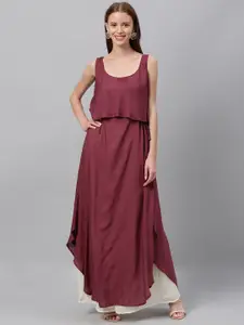 Ethnovog Women Burgundy Solid Layered Maxi Made To Measure Dress