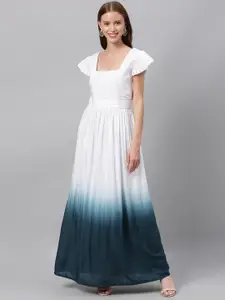 Ethnovog Women White  Blue Dyed Maxi Made To Measure Dress