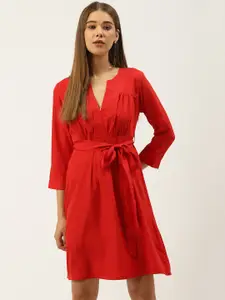 An Episode Women Red Solid A-Line Dress with Belt
