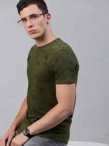 Louis Philippe Jeans Men Olive Green & Black Slim Fit Printed Round Neck T-shirt
