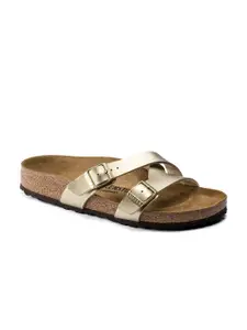 Birkenstock Yao Gold Narrow Width Birko-Flor Two-Strap Sandals