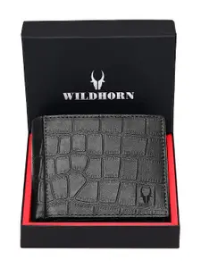 WildHorn Men Black Textured RFID Protected Leather Two Fold Wallet