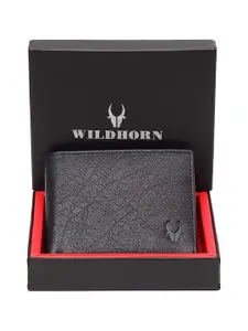 WildHorn Men Black RFID Protected Genuine Leather Hand-Stitched Solid Two Fold Wallet