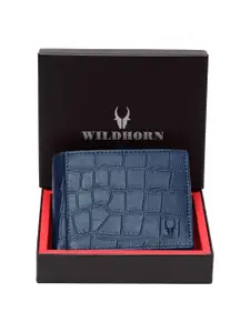 WildHorn Men Blue Textured RFID Protected Leather Two Fold Wallet