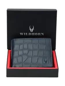 WildHorn Men Blue Self Design RFID Protected Genuine Leather Hand-Stitched Two Fold Wallet