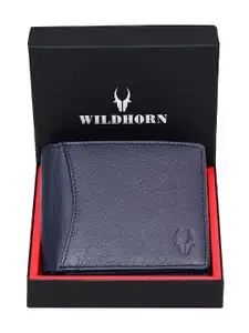 WildHorn Men Navy Blue Solid RFID Protected Leather Two Fold Wallet