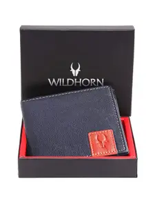 WildHorn Men Blue RFID Protected Genuine Leather Hand-Stitched Solid Two Fold Wallet