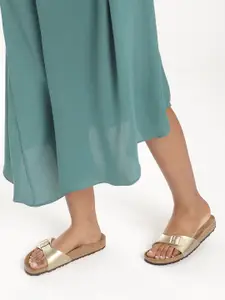 Birkenstock Women Madrid Gold Narrow Width Birko-Flor One-Strap Sandals