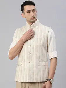 Louis Philippe Sport Men Beige Woven Design Nehru Jacket