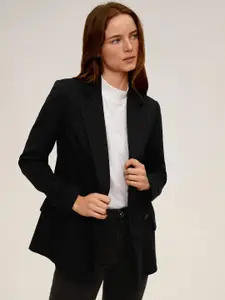 MANGO Women Black & White Stripped Single-Breasted Blazer