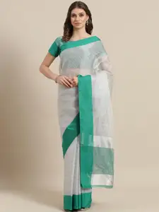 Saree mall Silver & Teal Blue Zari Work Checked Saree