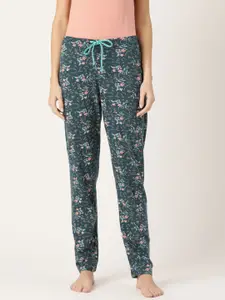 Kanvin Women Teal Blue & Peach-Coloured Floral Printed Lounge Pants