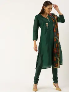 Rajnandini Green Silk Blend Embroidered Semi-Stitched Dress Material