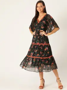 Antheaa Women Black & Peach-Coloured Floral Print Tiered A-Line Dress