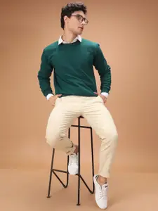 The Indian Garage Co Men Beige & White Slim Fit Striped Chinos