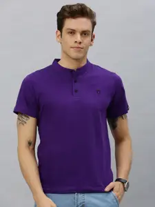 Urbano Fashion Men Purple Solid Slim Fit Mandarin Collar Pure Cotton T-shirt