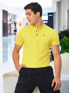 Urbano Fashion Men Yellow Solid Mandarin Collar Pure Cotton T-shirt