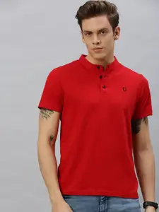 Urbano Fashion Men Red Solid  Slim Fit Mandarin Collar Pure Cotton T-shirt