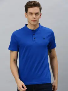 Urbano Fashion Men Blue Solid Mandarin Collar T-shirt