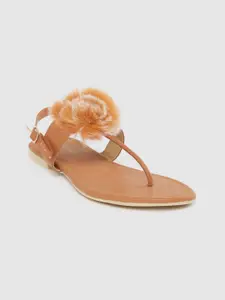 Myra Women Tan Brown Solid T-Strap Flats with Faux Fur Detail
