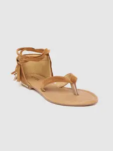 Myra Women Camel Brown Solid Suede Roman Design Mid-Top Open Toe Flats with Fringed Detail